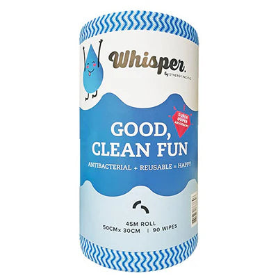8044# WHISPER BLUE WIPE ROLL HEAVY DUTY 90 WIPES 50X 30CM ANTI BAC - CTN 4
