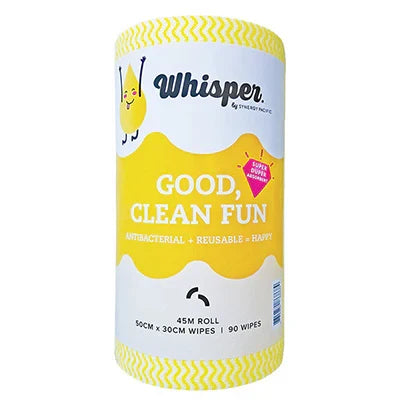 8046 Whisper Yellow Wipe Roll Heavy Duty 90 wipes 50x 30cm Anti Bac- EACH