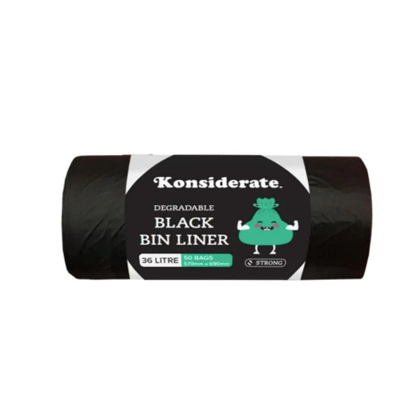 BK36 KONSIDERATE 36LT BLACK DEGRADABLE BAGS 20 ROLLS X 50 BAGS