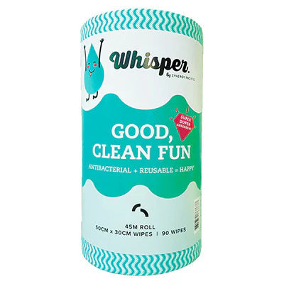 8045# WHISPER GREEN WIPE ROLL HEAVY DUTY 90 WIPES 50X 30CM ANTI BAC- CTN 4